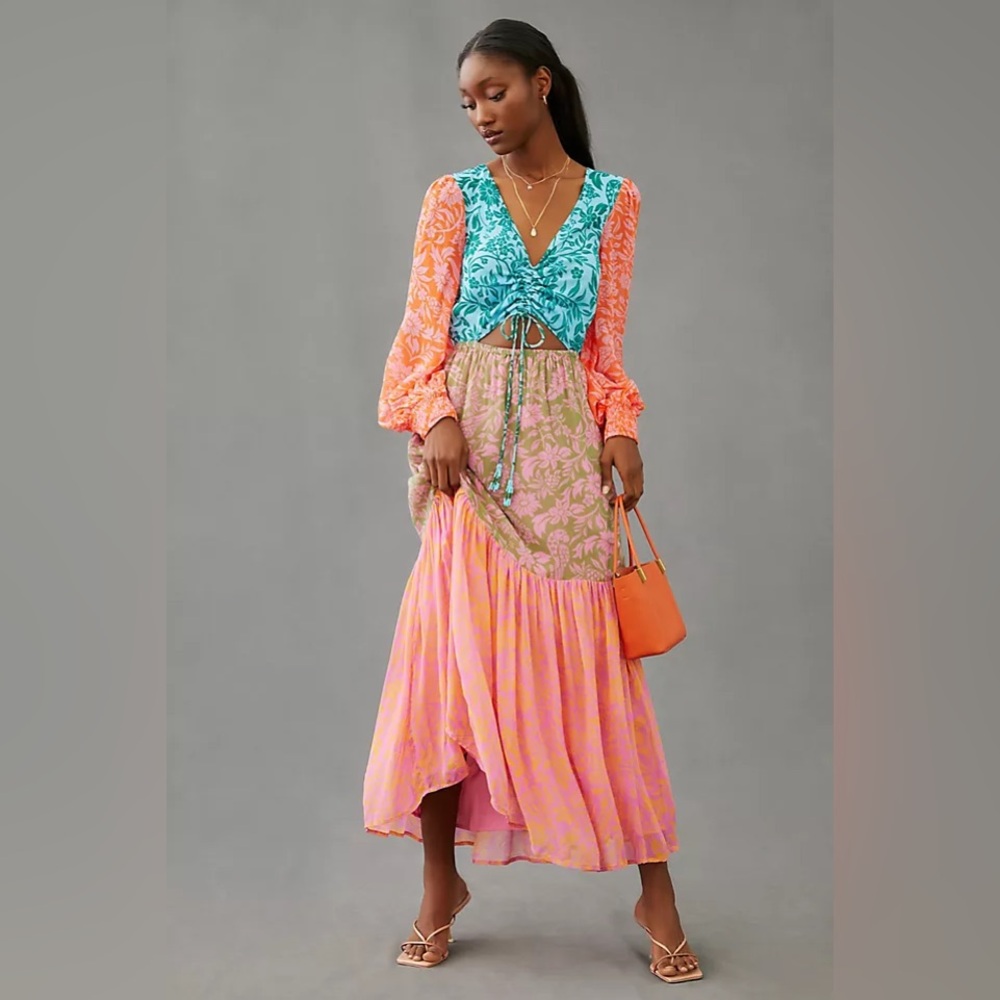 Farm Rio Colorblock Printed Cut-out Maxi Dress MEDIUM